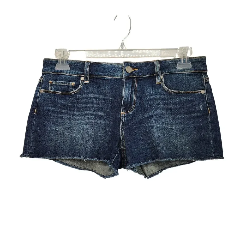 Paige Catalina Mid Rise Blue Denim Jean‎ Frayed Hem Cutoff Shorts Women's 28